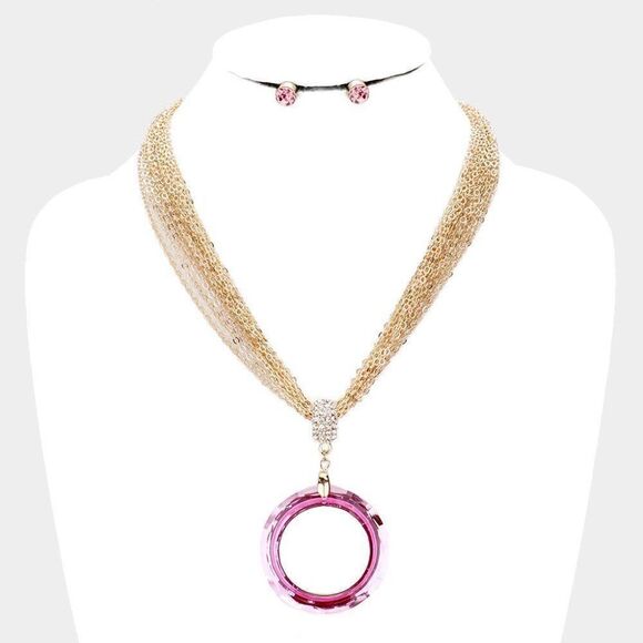 Open Circle Pink Multi Strand Chain Necklace Set - Picture 1 of 7